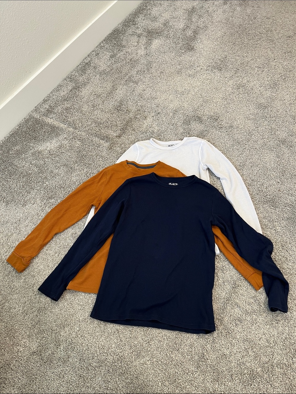 Kids waffle knit long sleeve shirts/ thermals — Navy, White & Rust